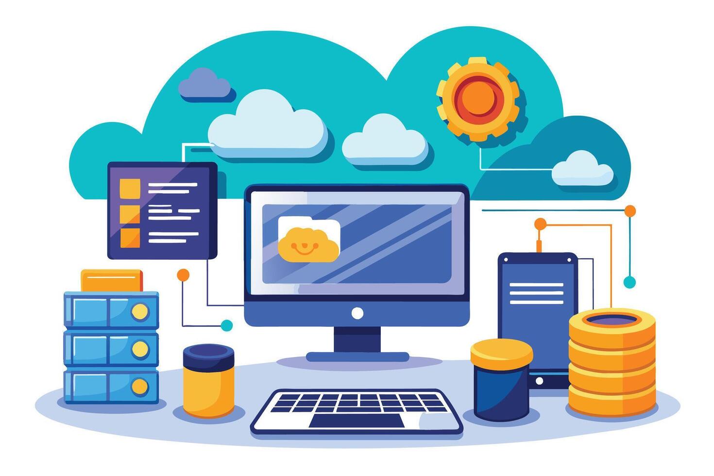 A colorful illustration depicts a desktop computer, connected to a server and cloud storage, symbolizing the concept of cloud computing. vector