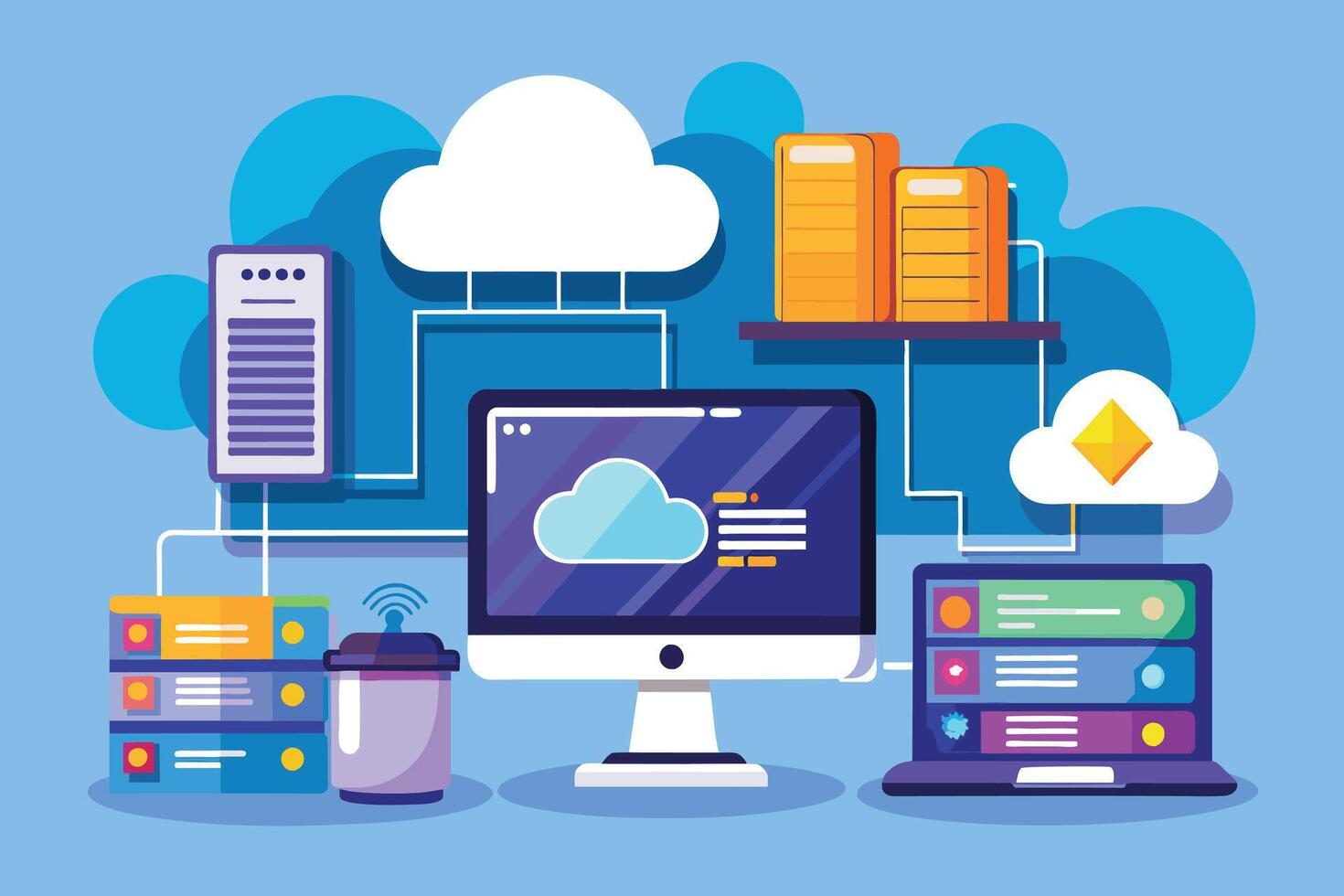 An illustration of a computer and laptop connected to various cloud servers, representing data storage and transfer. vector