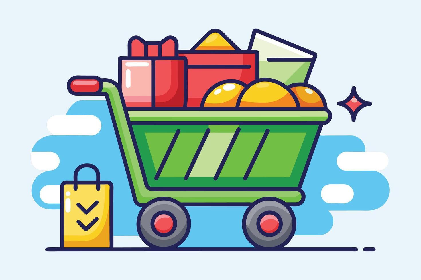 A cartoon illustration of a green shopping cart filled with gifts, oranges, and other items, against a blue background. vector