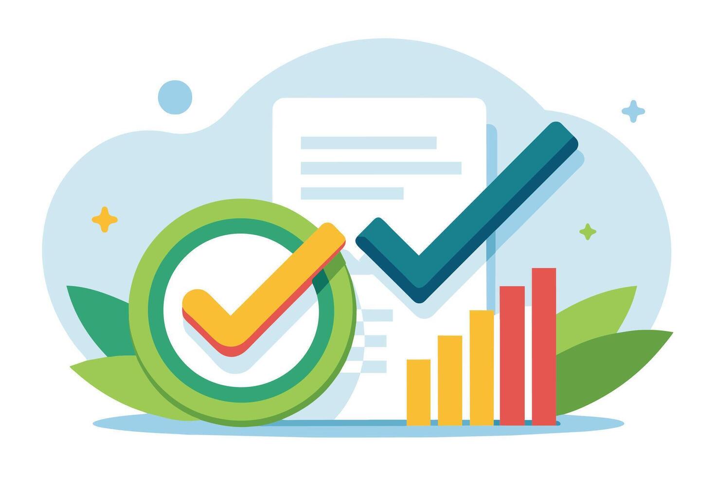 An illustration of a checkmark inside a circle, a checkmark over a document with a bar graph, and green leaves. vector