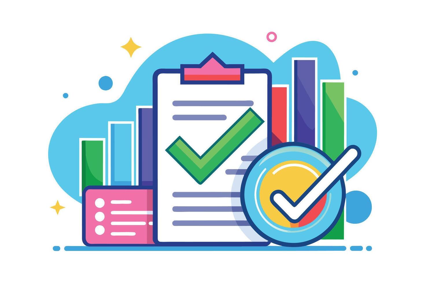 A colorful illustration depicting a checklist with checkmarks, a bar graph, and a circular checkmark on a blue background. vector