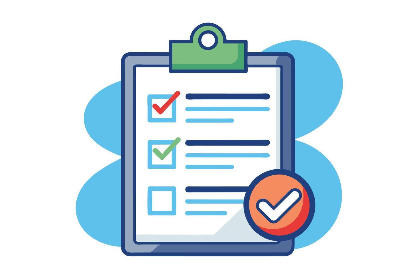 Illustration of a checklist on a clipboard with three completed items and one remaining item. The clipboard is on a blue background with checkmarks in red and green. vector