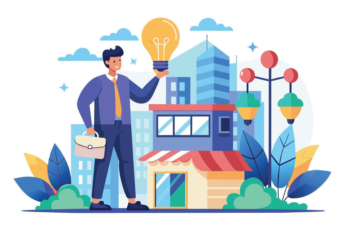A cartoon businessman stands in a city setting holding a lightbulb, representing a new idea. vector