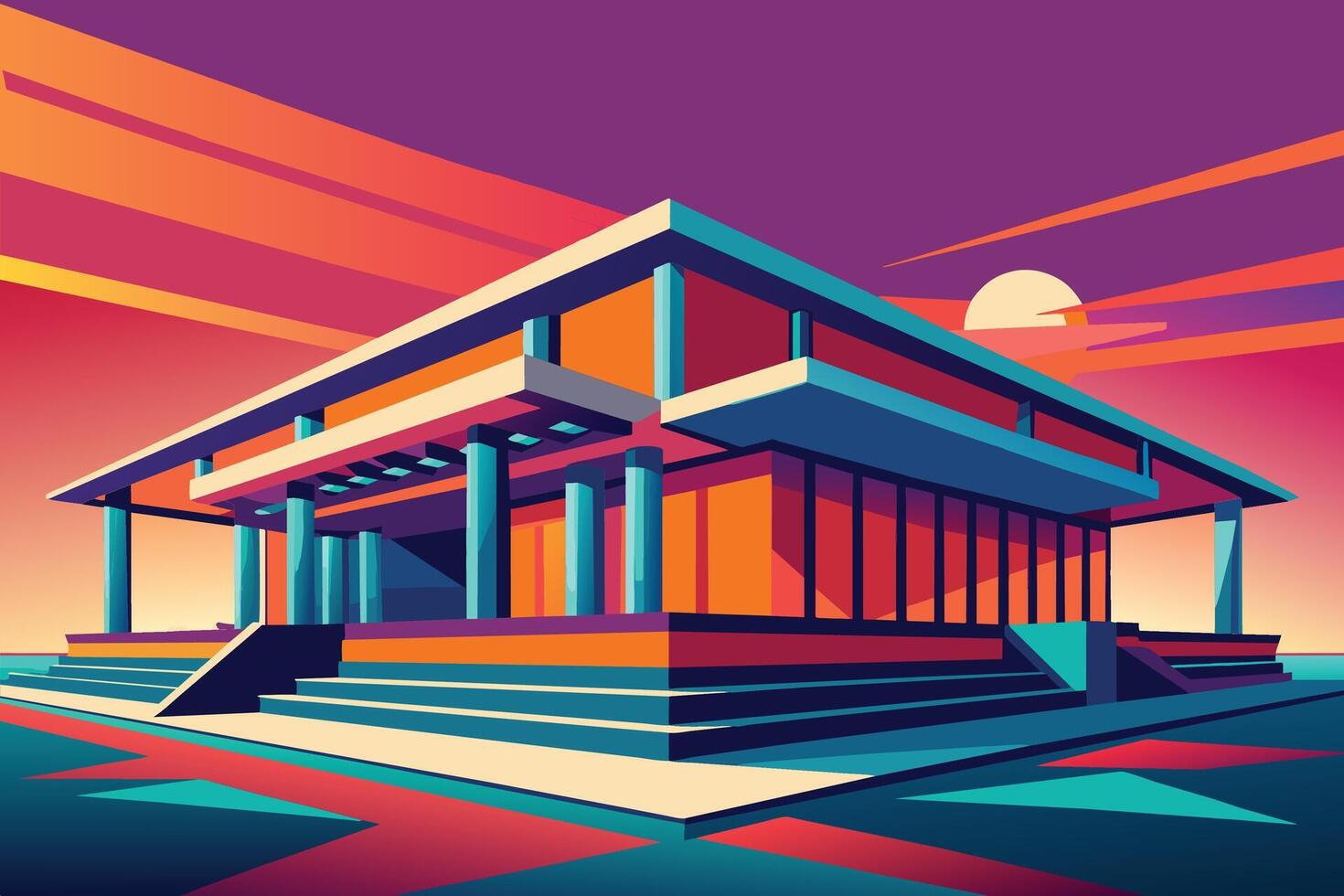 A digital illustration of a modern building with a flat roof and many windows. The building is located in front of a setting sun and moon. vector