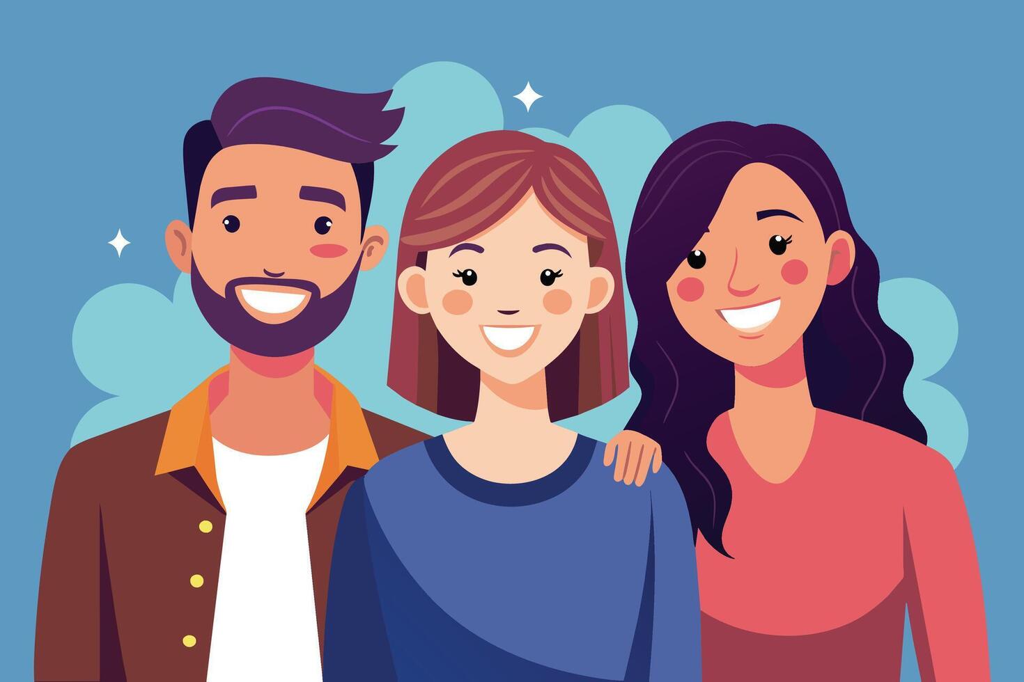 A cartoon illustration of three friends, a man with a beard, and two women, smiling happily. They are standing together in front of a blue background. vector