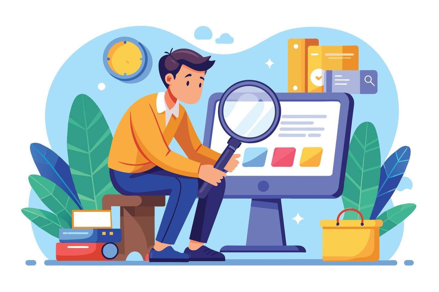 A man sits on a stool in front of a desktop computer, using a magnifying glass to closely examine the website design on the screen. He is in a casual setting, with plants and books around him. vector