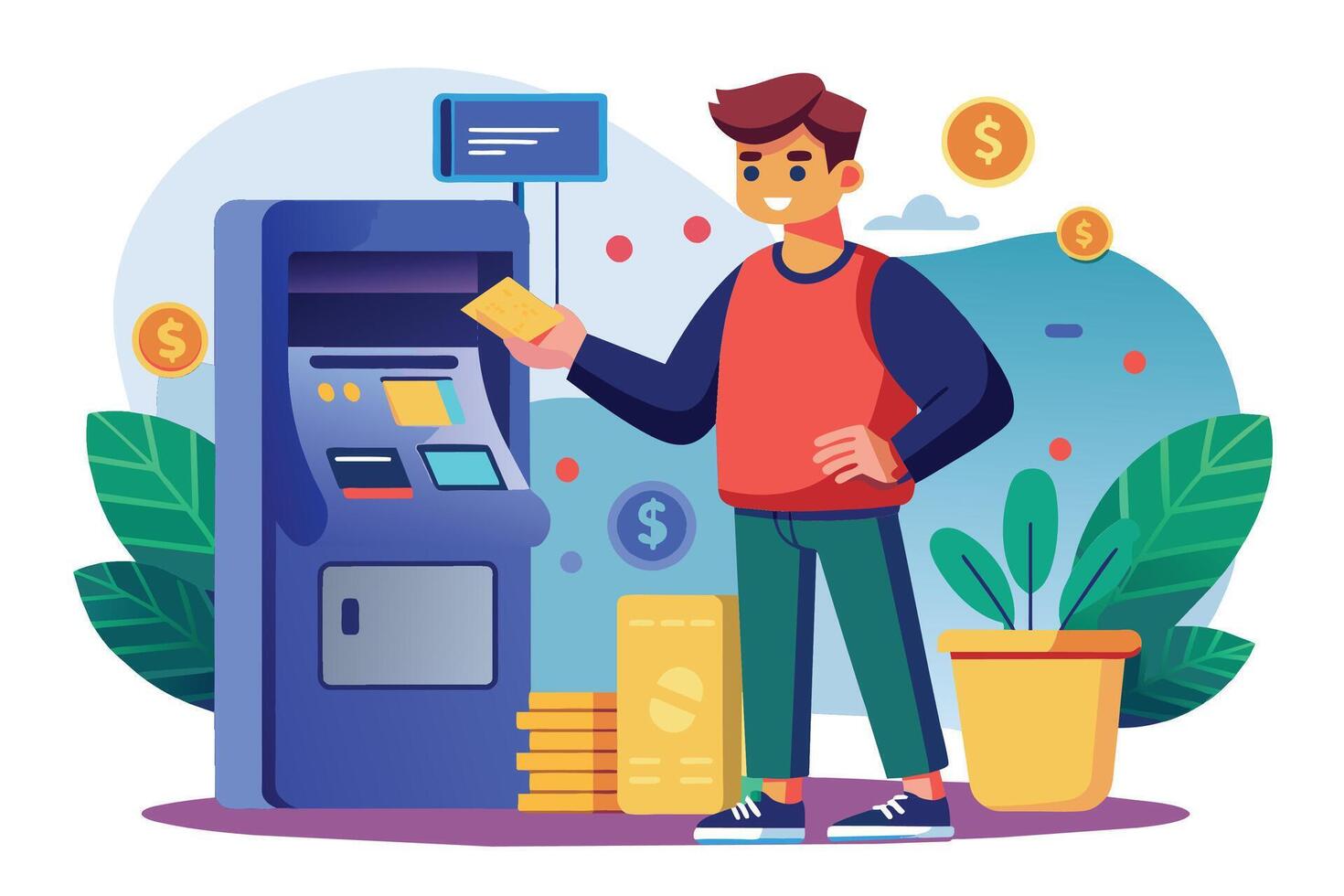 A man is using an ATM machine to withdraw cash. He is holding his card and smiling. There is a stack of cash next to the ATM machine. vector