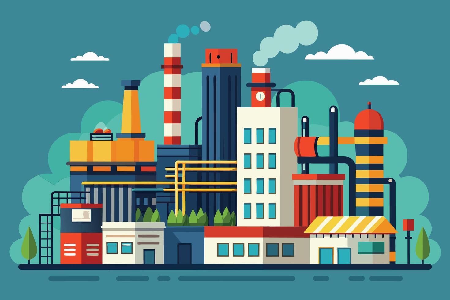 An illustration depicting a modern industrial complex with tall buildings, smokestacks emitting smoke, and clouds in the sky. vector