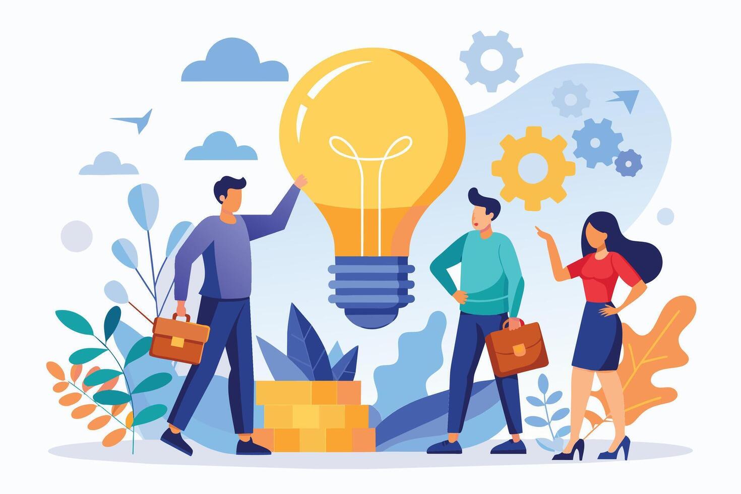 A colorful illustration depicting three businesspeople standing in front of a large light bulb, with gear symbols in the background, suggesting the group is discussing a new business idea. vector