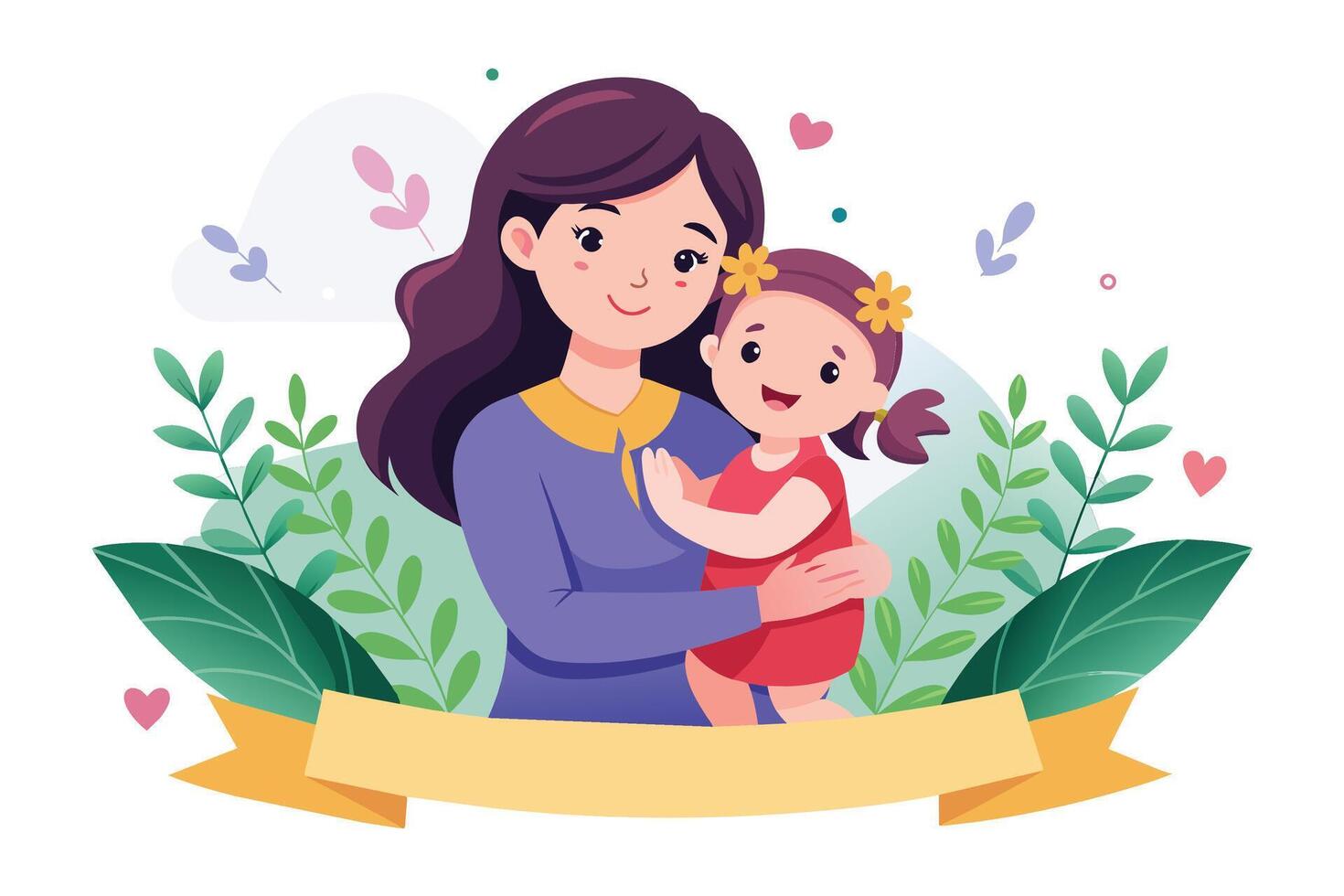 A mother is lovingly holding her young daughter, both smiling with joy, surrounded by blooming flowers and hearts, conveying a sense of love and happiness. vector