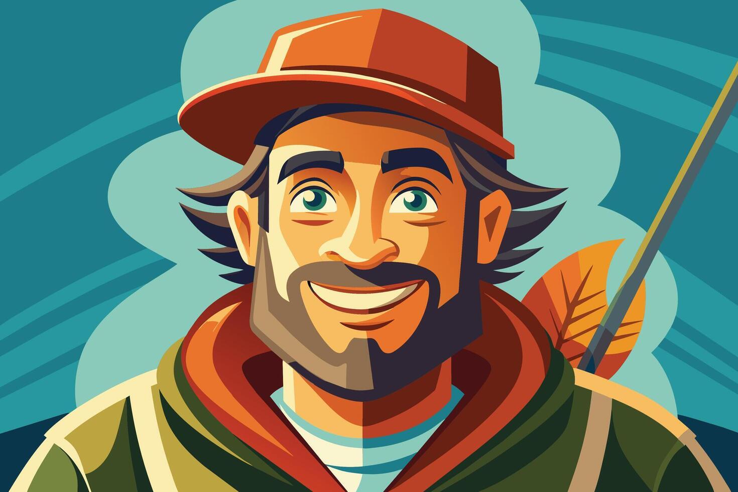 A cartoon illustration of a smiling fisherman wearing a red hat and a green jacket. He is looking directly at the viewer. vector