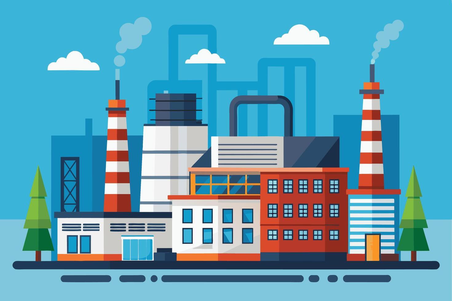 A cartoon illustration of an industrial factory building with two tall smokestacks emitting smoke, set against a blue sky with white clouds. vector