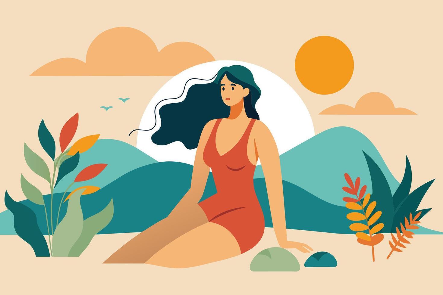 A woman wearing a red swimsuit relaxes on a sandy beach, surrounded by tropical plants and a bright sun. vector