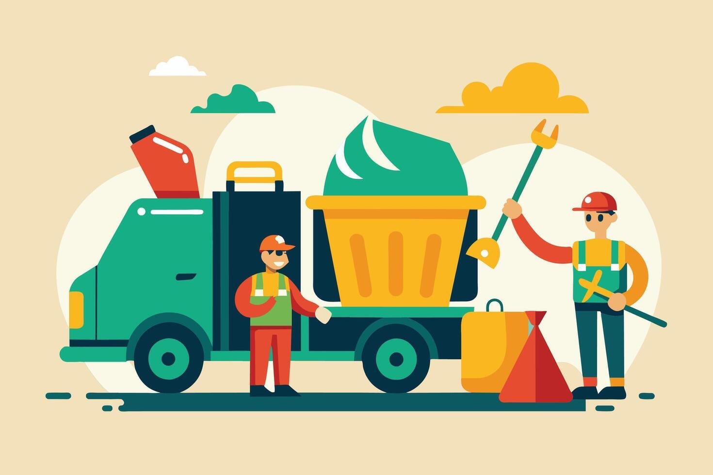 An illustration of two workers loading a green recycling truck with a bin and bags on a sunny day. vector