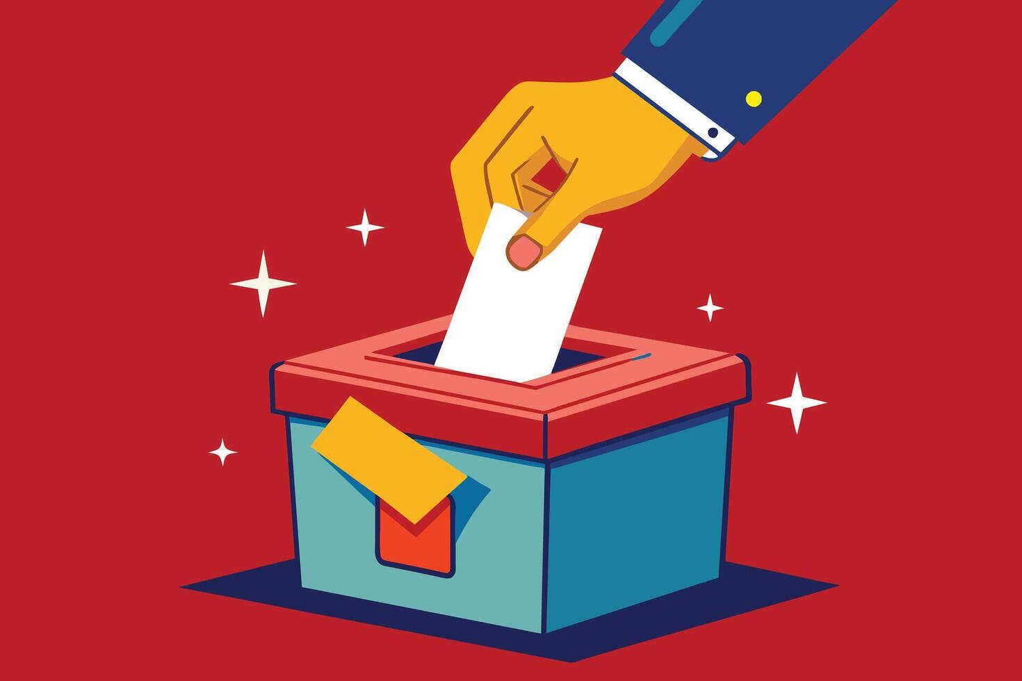 Illustration of a hand putting a ballot into an election box, with a red background and sparkling stars. vector