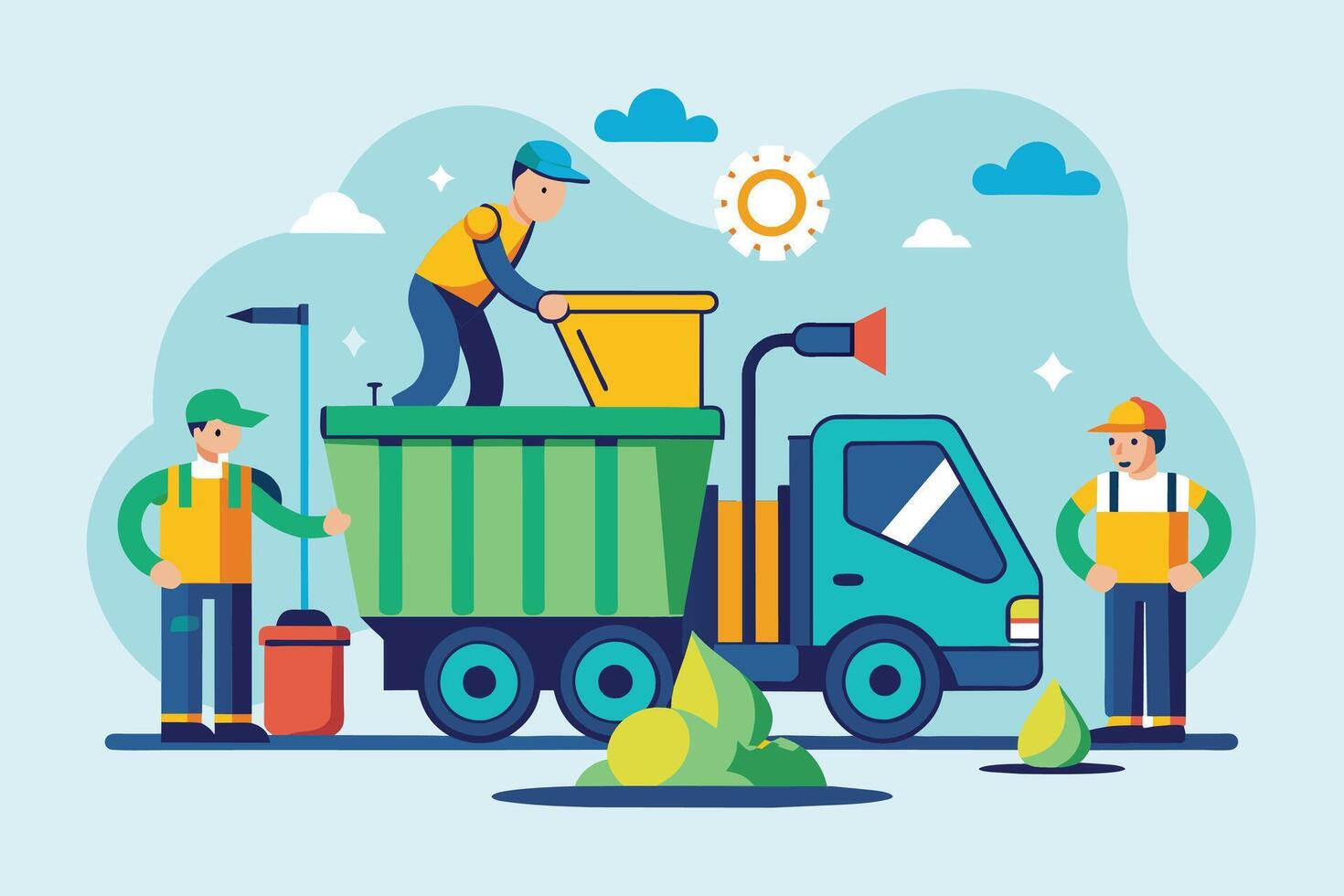 Three workers load a green waste bin into the back of a blue dump truck on a sunny day. The truck has a yellow and green bin on the back and one worker is loading the bin while two others watch. vector
