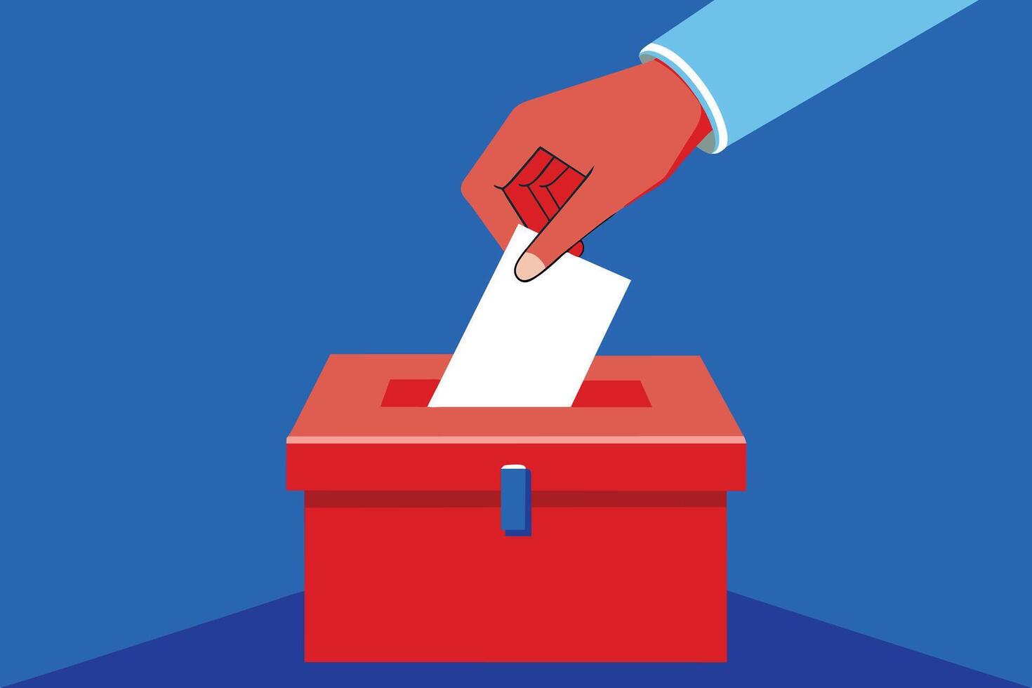 An illustration of a hand placing a white ballot paper into a red election box against a blue background. vector