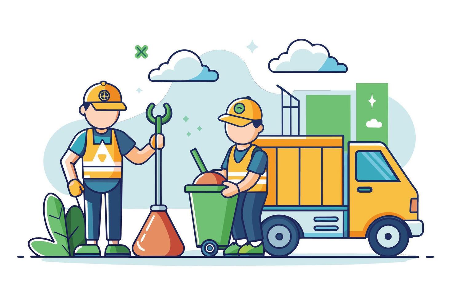 An illustration of two sanitation workers cleaning city streets, one with a broom and the other with a trash can, near a large yellow garbage truck. vector