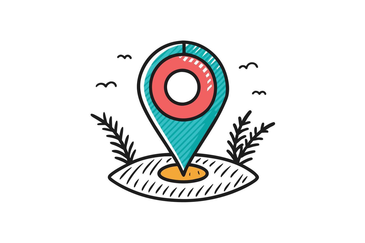 A simple hand-drawn illustration of a teal location pin with a red circle on top, surrounded by two sprigs of grass and three small birds. vector