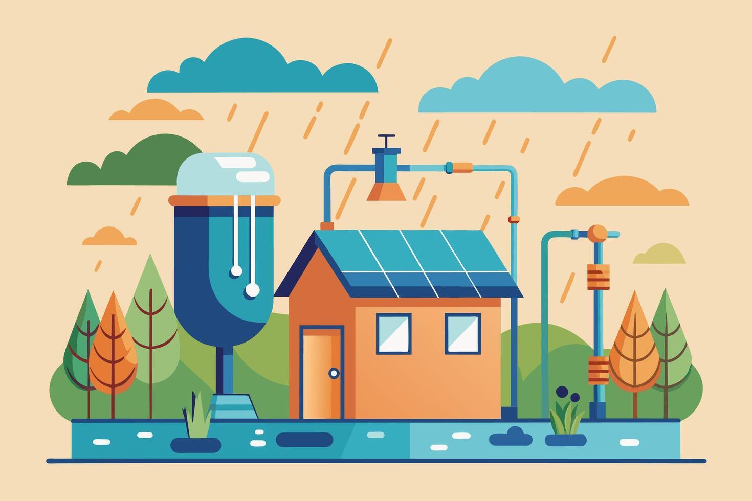 A cartoon illustration of a sustainable house with rainwater collection and solar panels on the roof. Rain is falling from the clouds and is collected in a large blue tank. vector