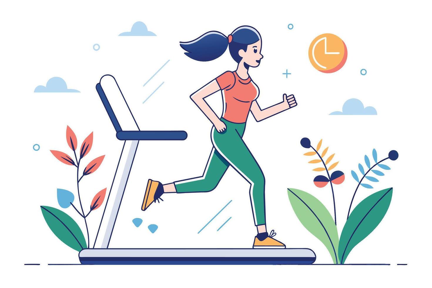 A woman runs on a treadmill, with a clock in the background indicating time and setting. This illustration represents the concept of fitness, exercise, and time management. vector