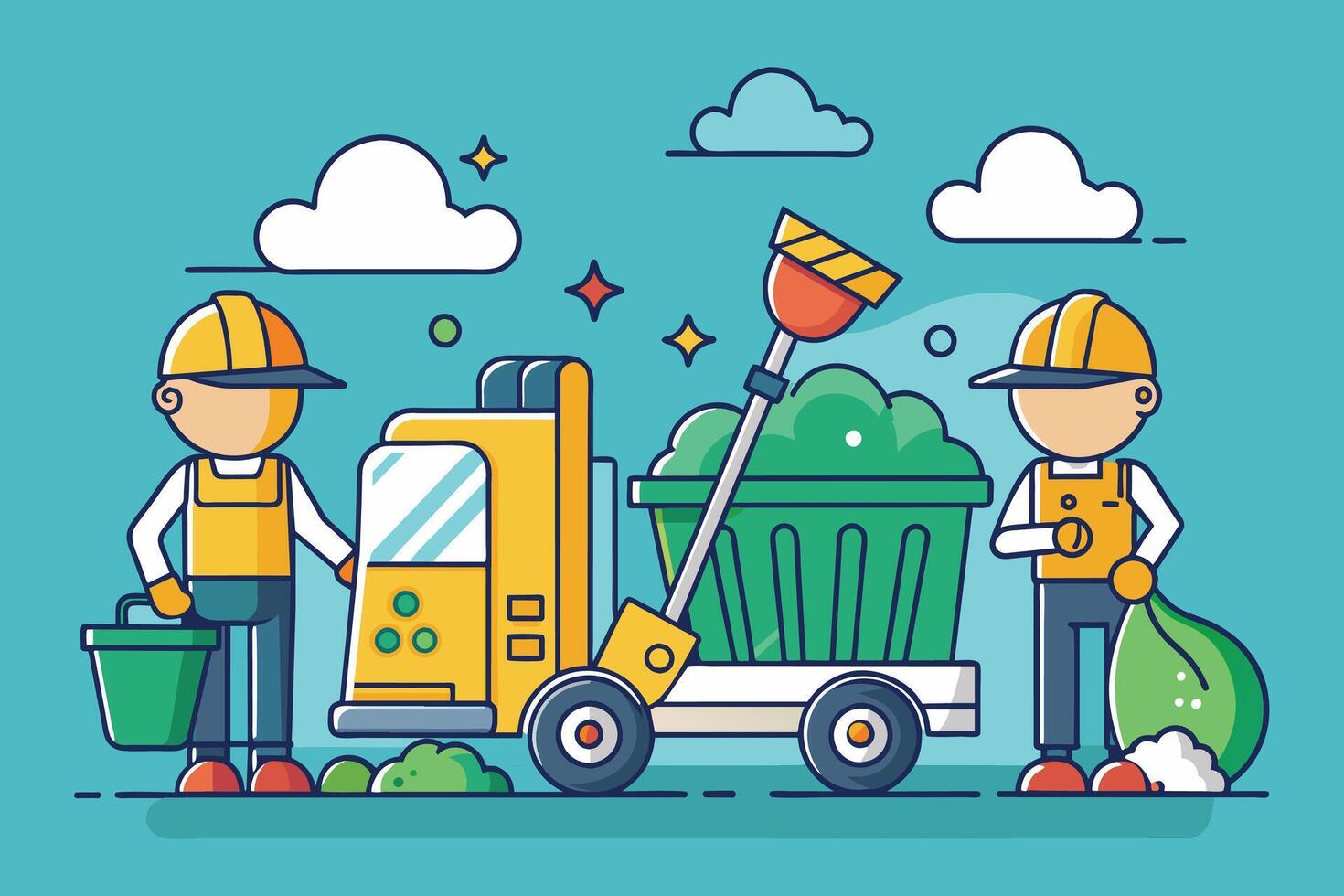 Two cartoon workers in yellow vests are cleaning up green waste with a truck and a bucket. They are working together to keep the environment clean. vector