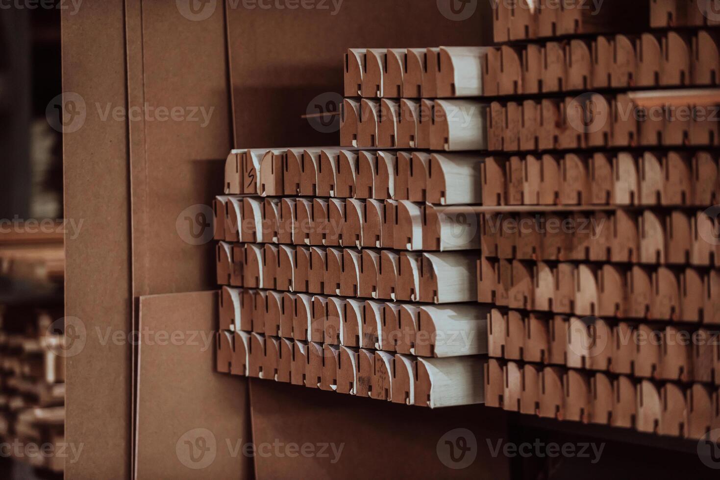 A vast warehouse in the forestry industry, showcasing a plethora of wooden products, including boards and various timber items neatly organized in storage photo