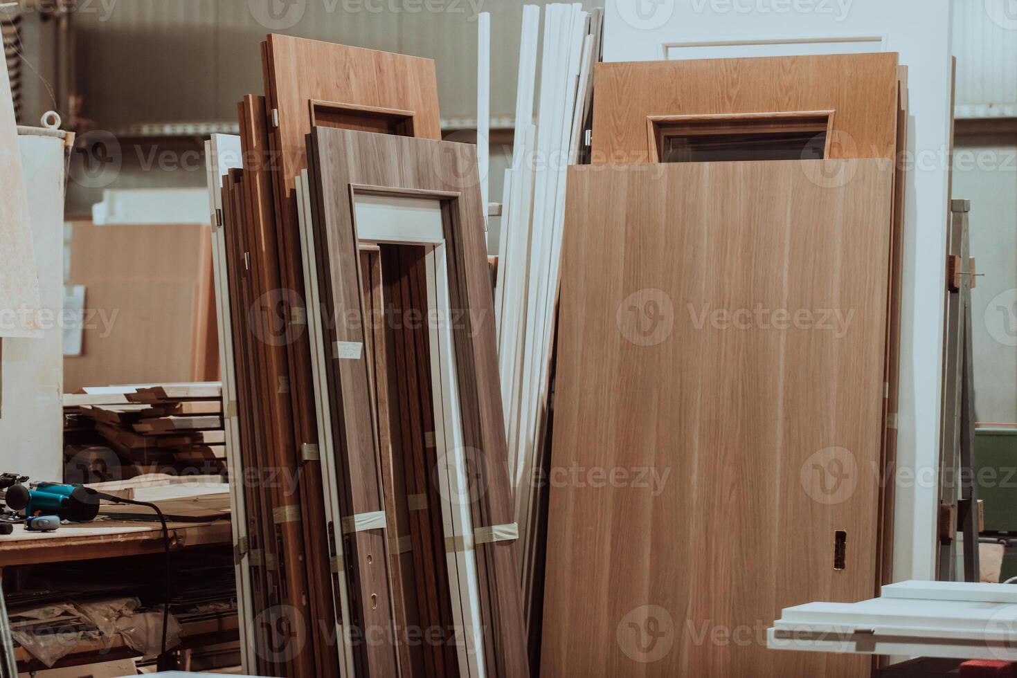 A vast warehouse in the forestry industry, showcasing a plethora of wooden products, including boards and various timber items neatly organized in storage photo