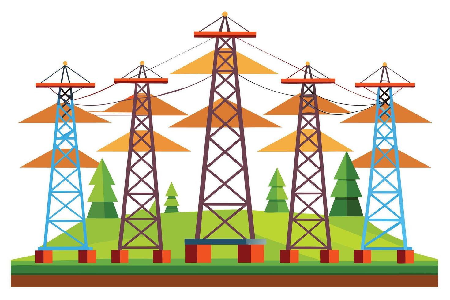 An illustration of five power line towers in a green landscape with trees. The towers are connected by power lines, which are carrying electricity to homes and businesses. vector