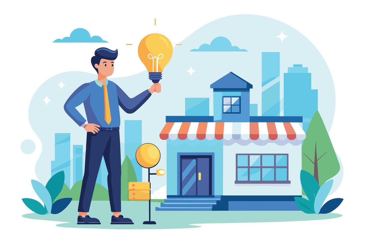 A man stands outside a small storefront holding a lightbulb, symbolizing a new business idea. He is dressed professionally, and the building features a red and white awning. vector