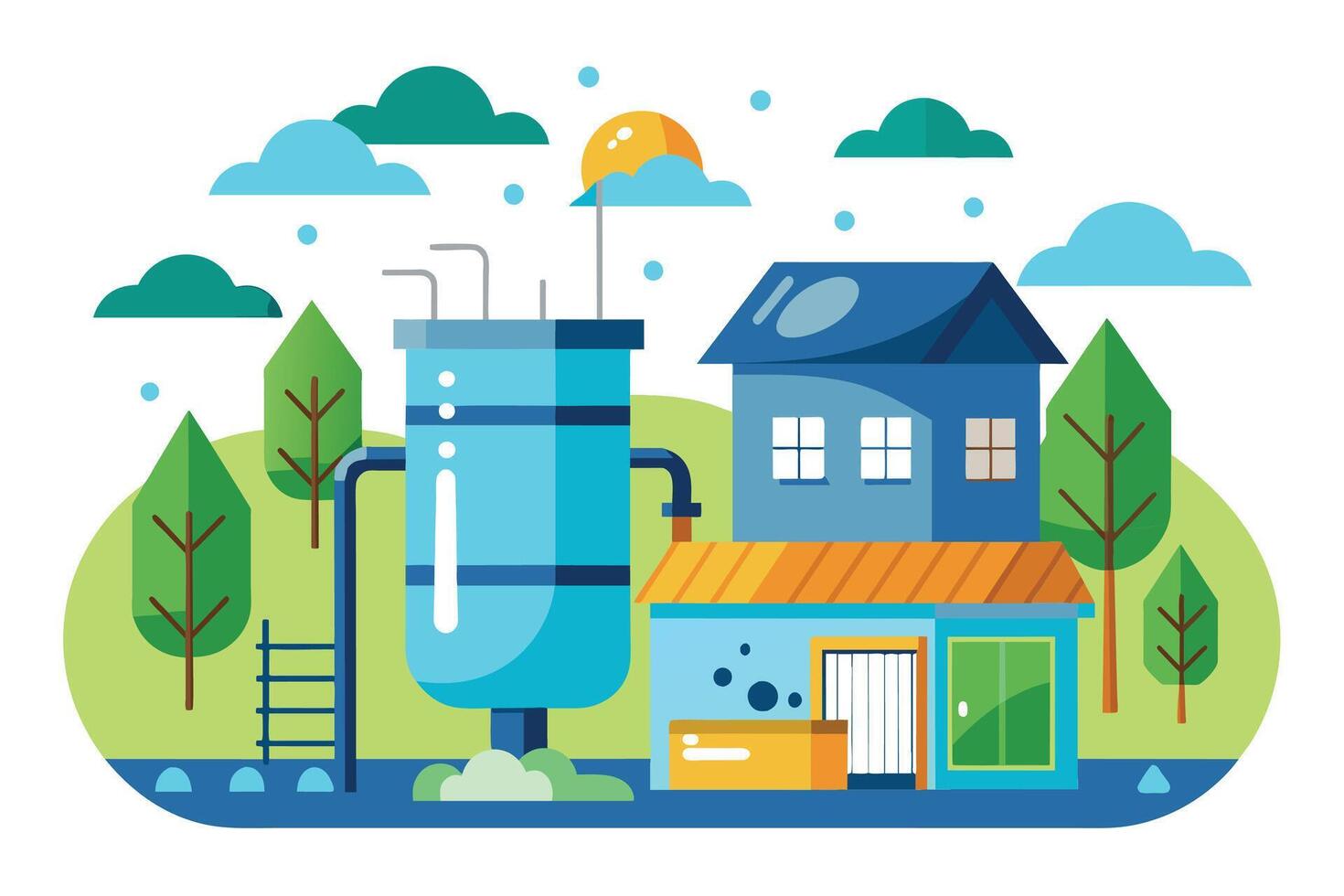 An illustration of a water tower, a two-story house, and trees in a sunny landscape. vector