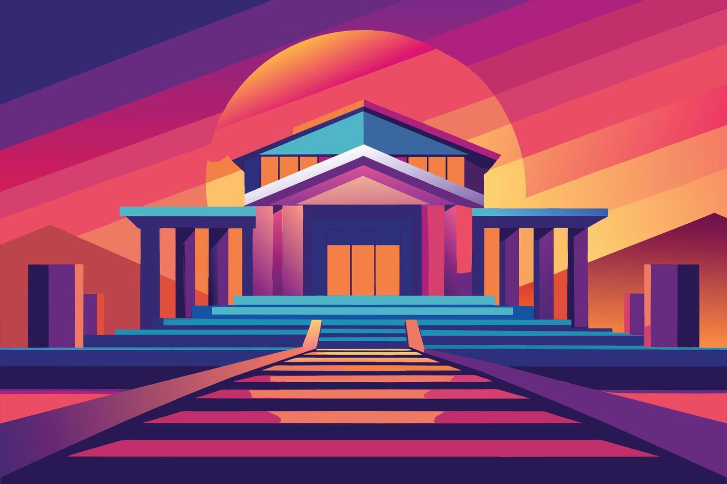 A colorful geometric illustration of a building with a set of railroad tracks leading up to the front entrance. The sky is a vibrant gradient of purple, pink, and orange, with a bright orange sun. vector