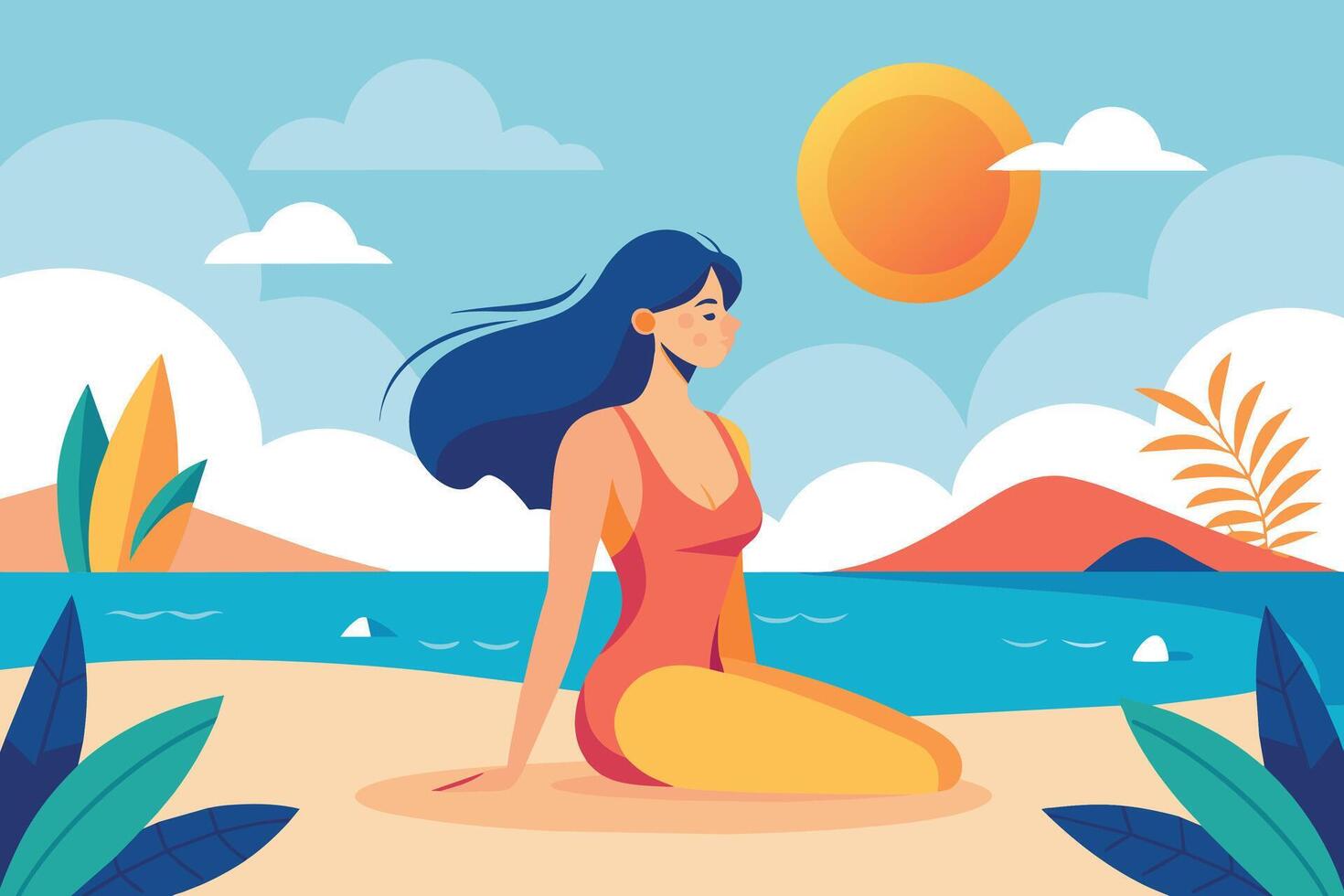 A woman sits on a sandy beach, enjoying the sunny day with her hair blowing in the wind. vector