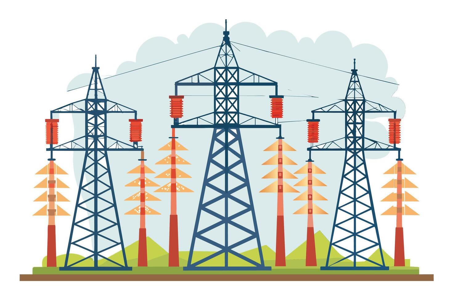A simple illustration of three power towers in a rural setting, with red insulators attached to the power lines. vector