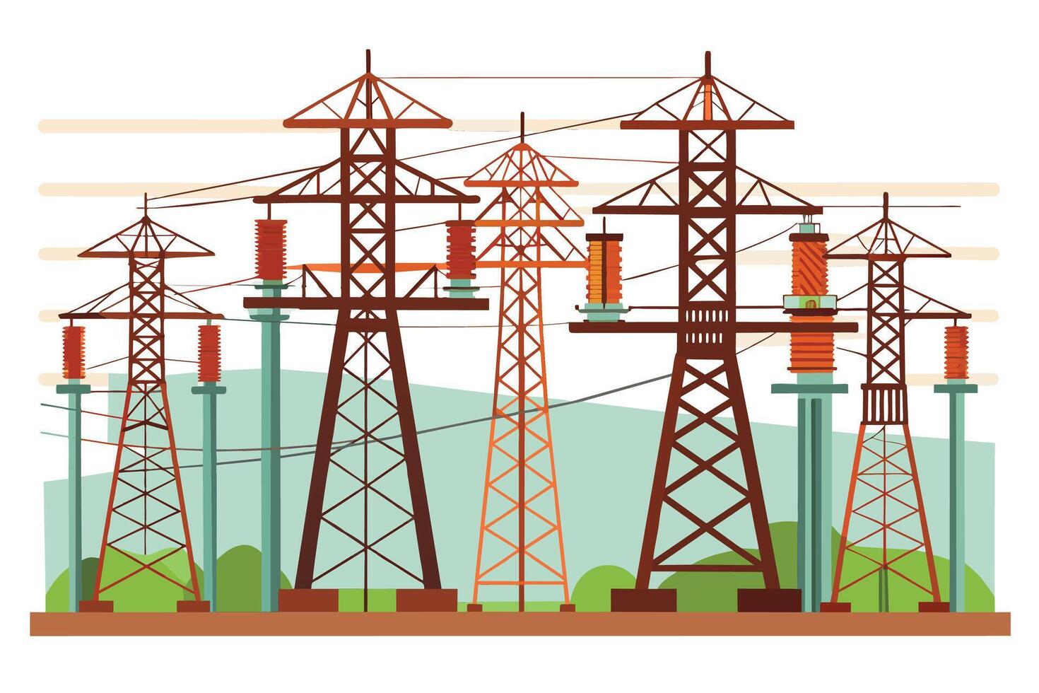 Illustration of a row of six transmission towers with power lines and insulators, set against a simple landscape. vector