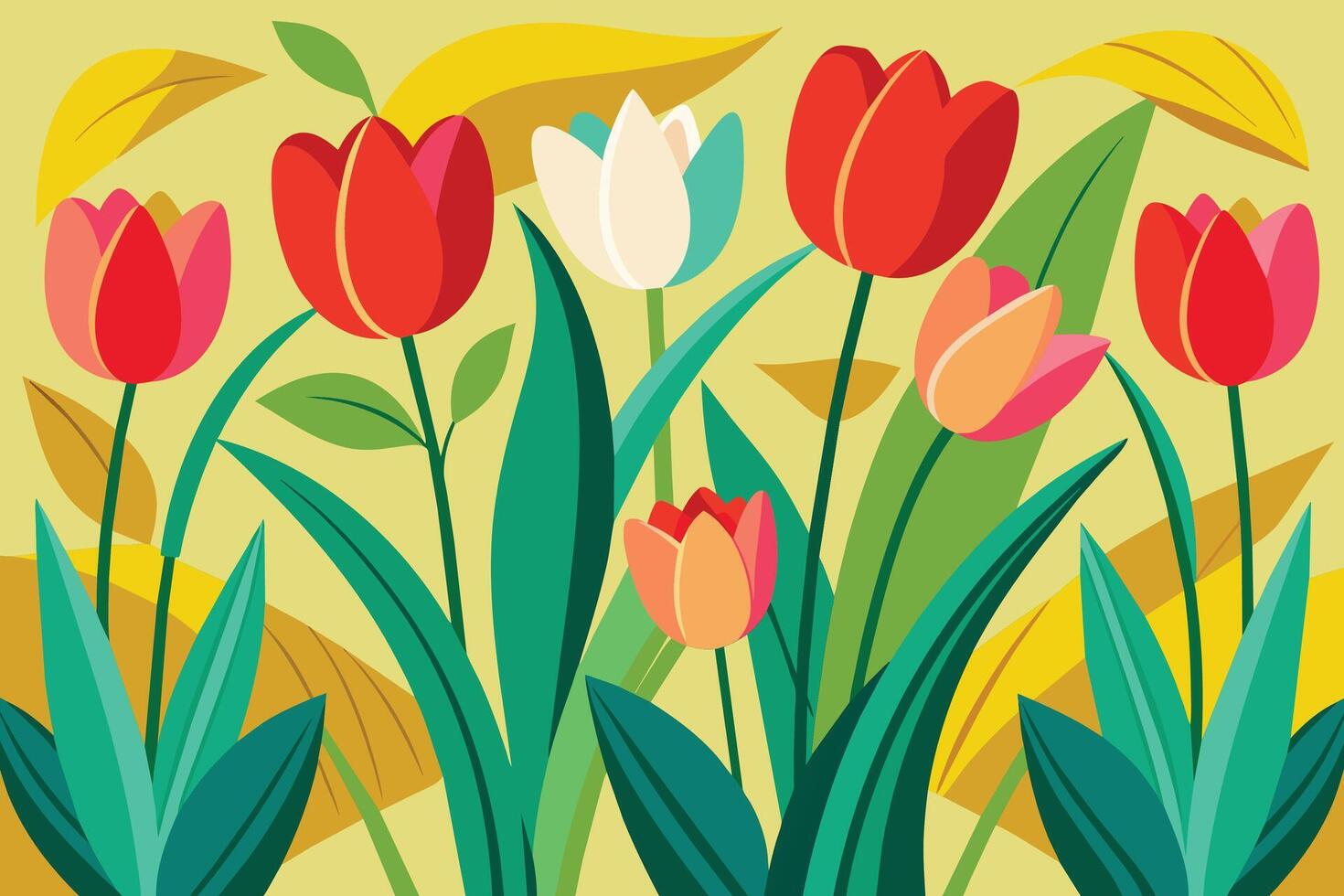 A colorful, stylized illustration of a garden with red, pink, and white tulips in full bloom. The tulips are surrounded by vibrant green leaves and yellow accents on a light green background. vector