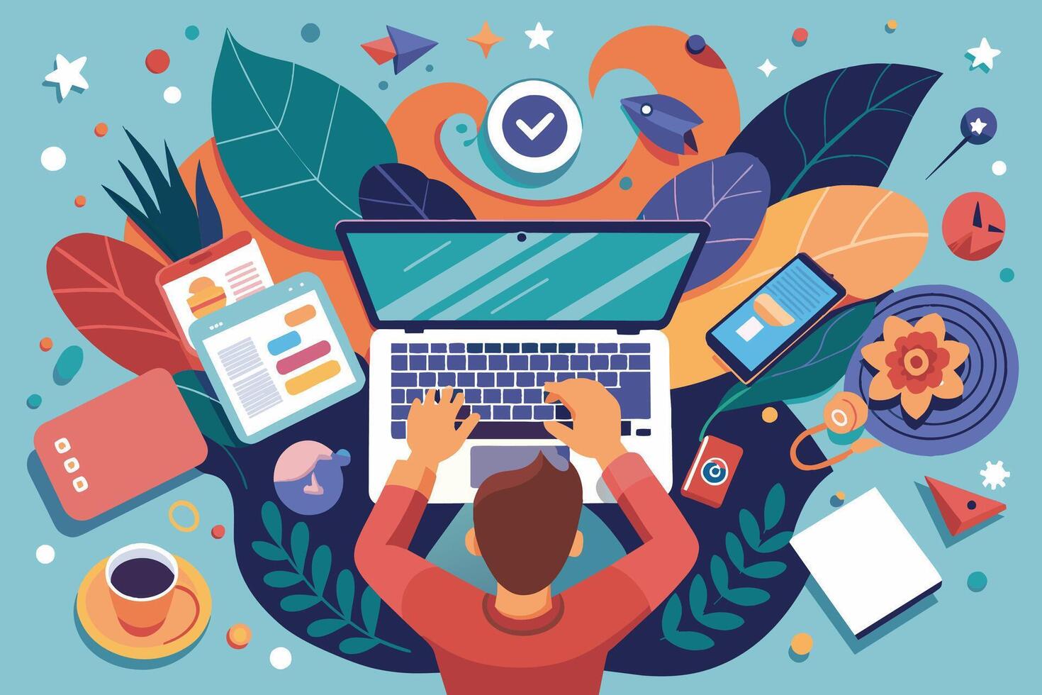 An illustration of a person working on a laptop, surrounded by digital devices and colorful plants. vector