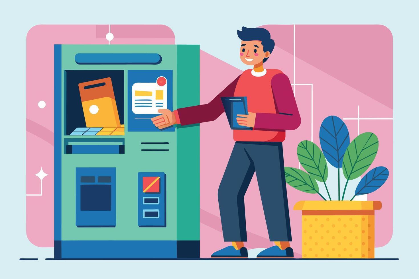 A man with a tablet in hand is standing in front of a vending machine. He is pointing at the snack selection on the screen and looking at the machine. vector