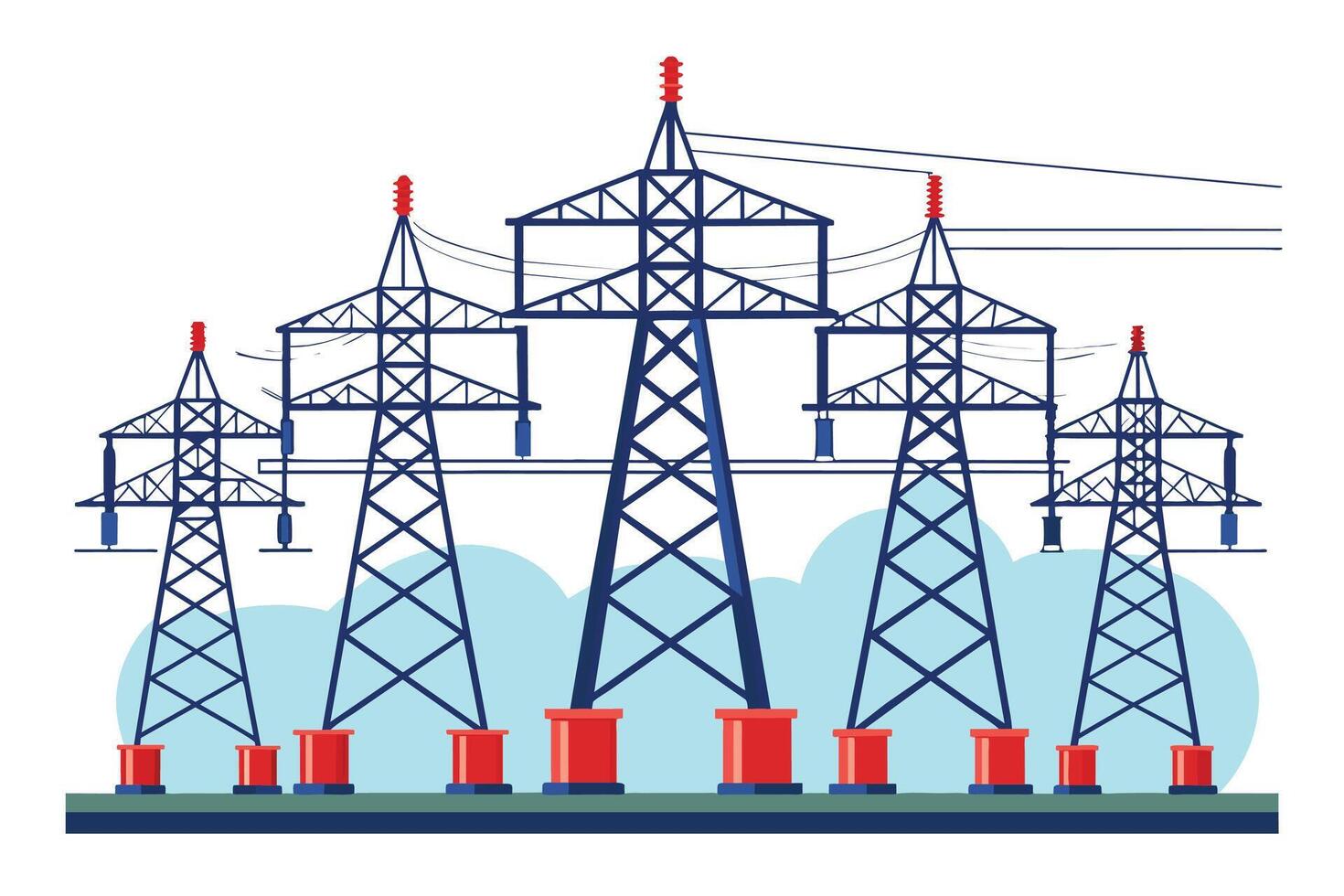 An illustration of five tall electric towers, each with red insulators, standing in a row against a white background with a blue cloudy sky behind them. vector