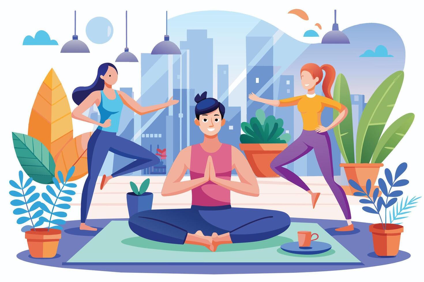 A man meditates on a mat with a calm expression as two women exercise in the background, all with an urban city view behind them. vector
