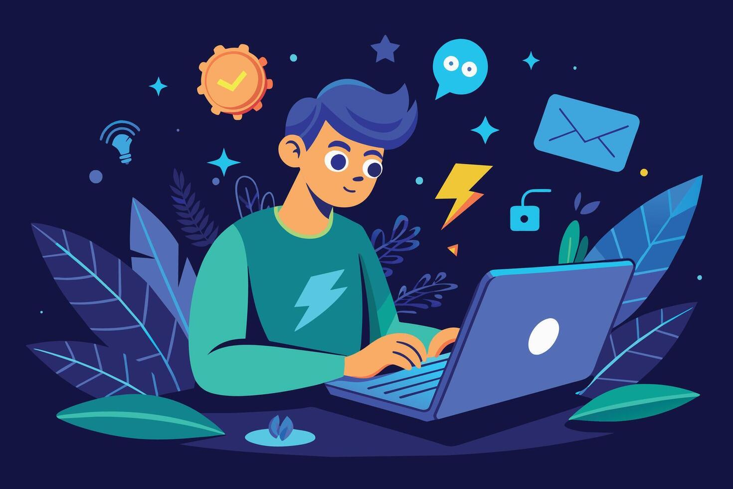 A cartoon illustration of a young man working on his laptop, surrounded by digital symbols like a lightning bolt, email, and a checkmark. Hes sitting in front of a vibrant blue and green background. vector