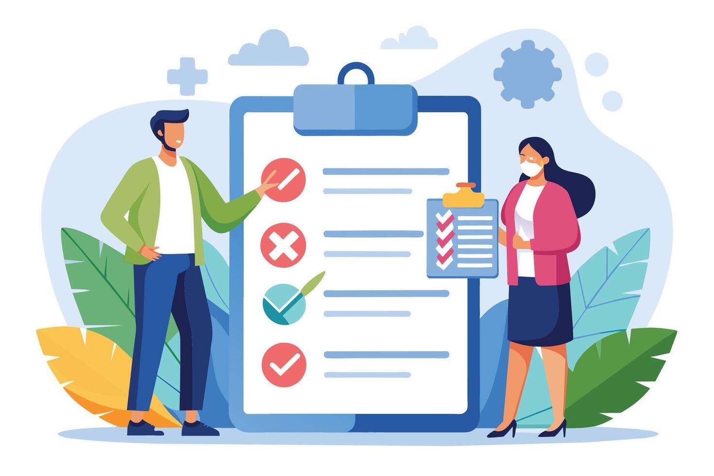 An illustration of two people reviewing a checklist. The checklist is a large clipboard with multiple checkboxes, some marked with checkmarks, others with cross marks. vector