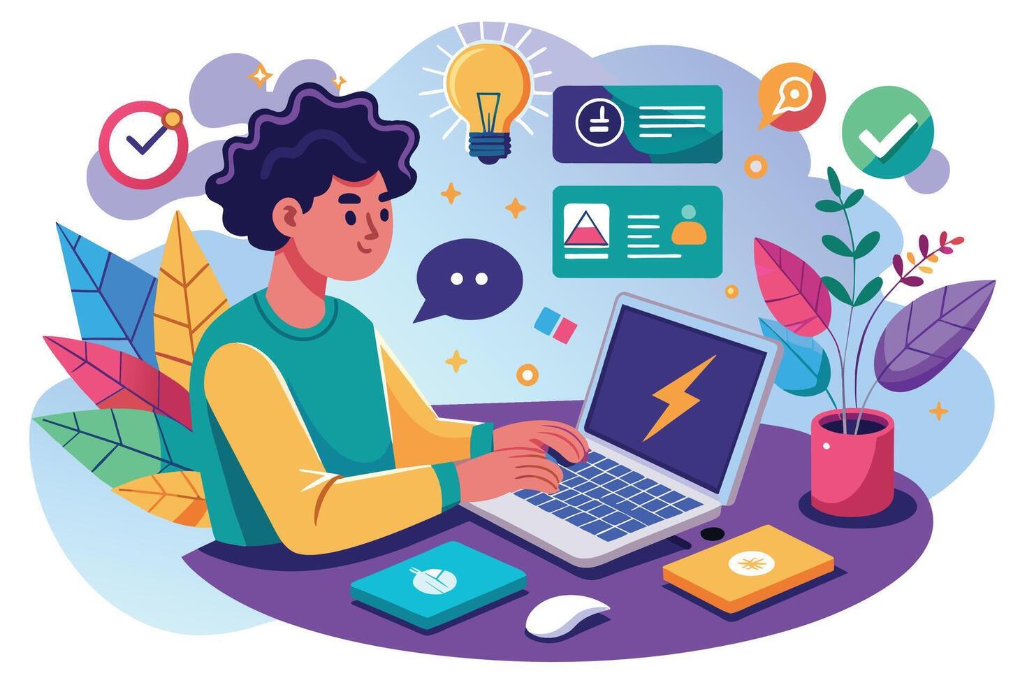 An illustration of a man sitting at a desk, working on a laptop with a lightbulb, check marks, and other icons floating around him. vector
