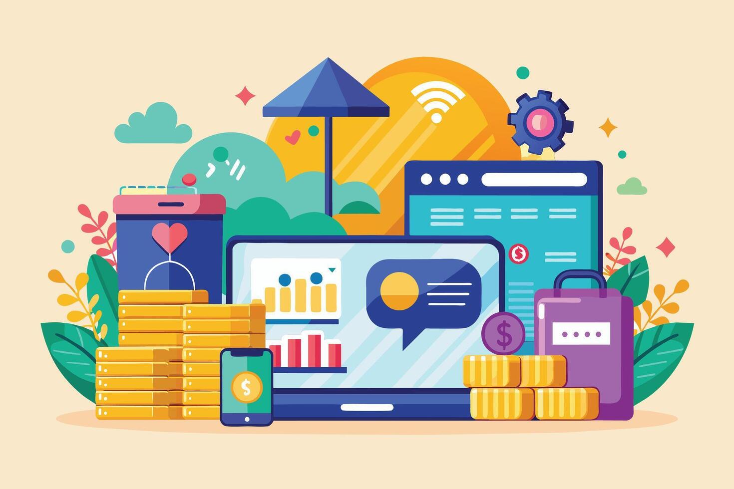 Illustration of digital marketing strategies for business growth, including social media, website design, email marketing, and mobile apps. vector