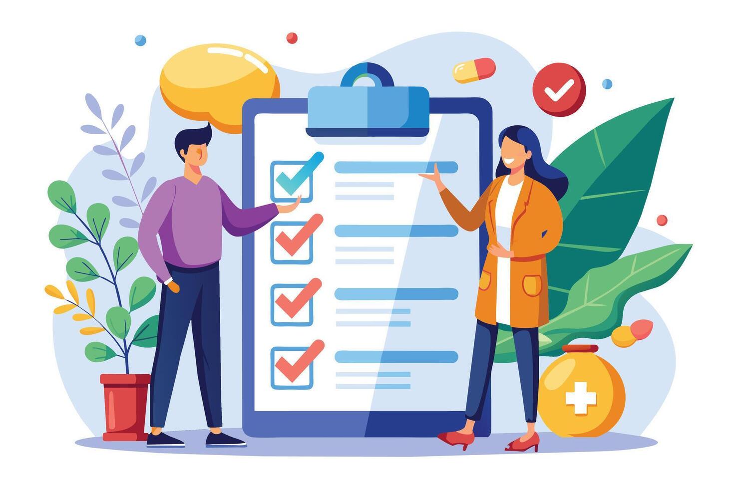 A man and woman stand in front of a large checklist with all items marked complete, a medical icon represents successful completion. vector