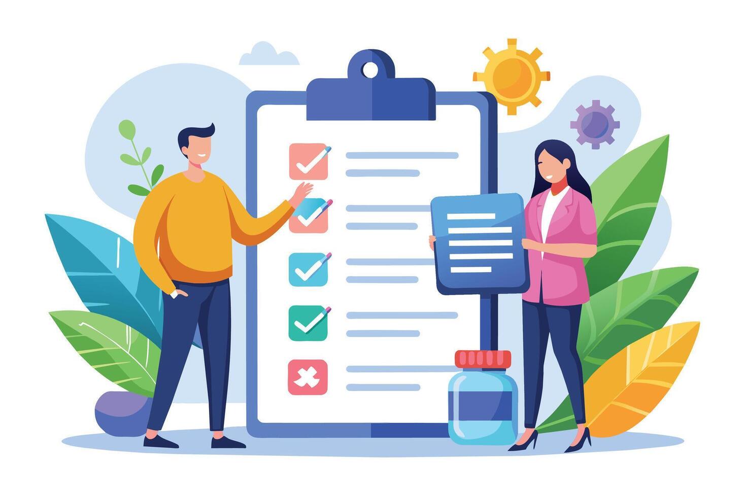 An illustration of two people standing in front of a checklist with several items marked off. The woman is holding a document, and the man is pointing at the checklist. vector