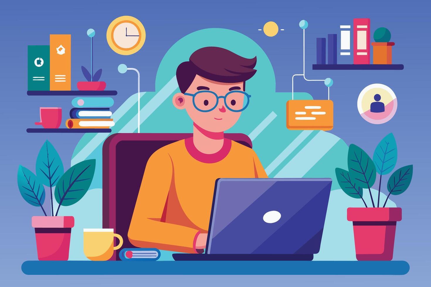 A young man with glasses sits at a desk in his home office, working on a laptop. vector
