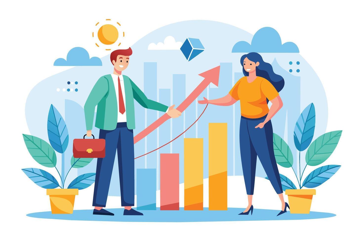 Illustration of a man and woman shaking hands with an upward arrow in front of them symbolizing business growth. vector