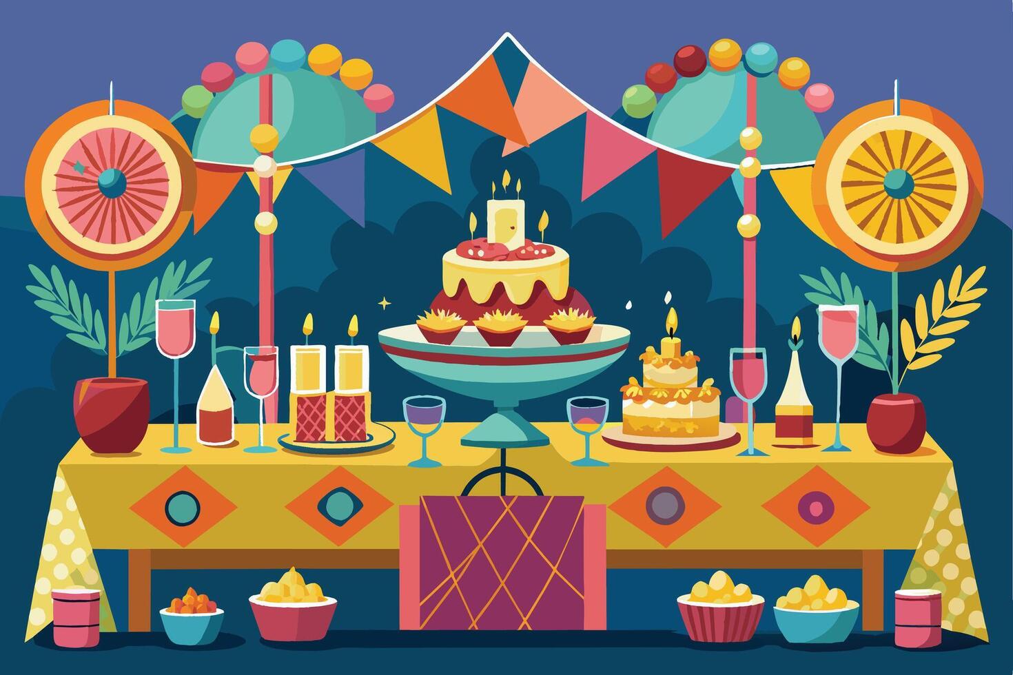 A celebratory birthday party table setting with colorful decorations, candles, and treats. vector