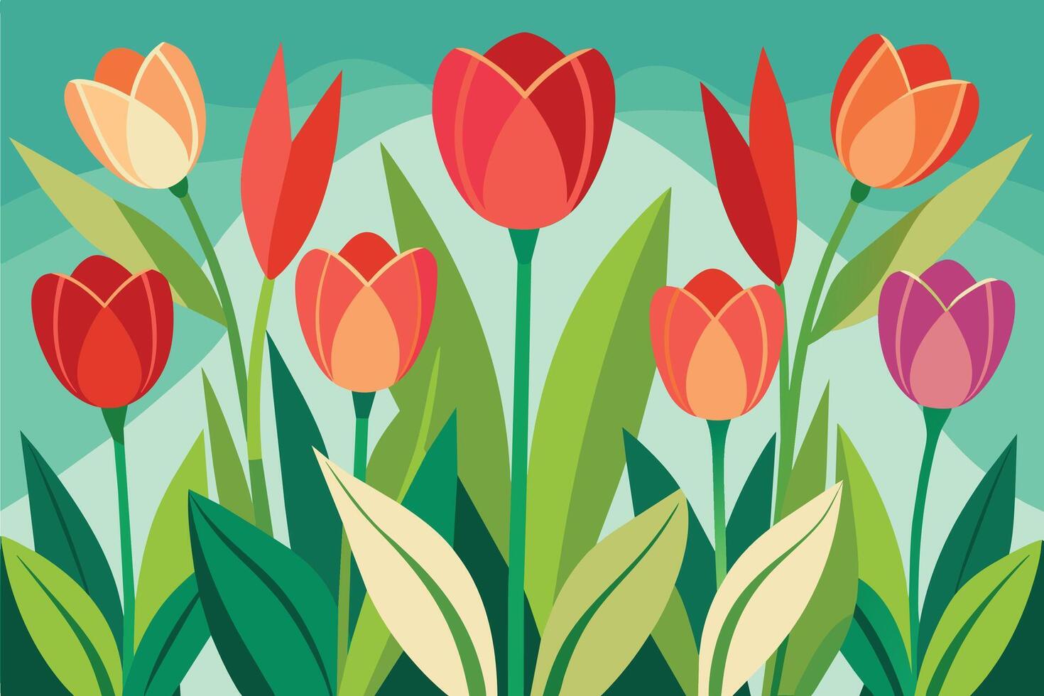 A vibrant illustration of a garden filled with colorful tulips, featuring red, orange, pink, and white blooms surrounded by lush green leaves. vector